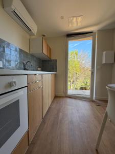 a kitchen with a sink and a door to a yard at La roche aux mouettes Ile du Levant in Île du Levant
