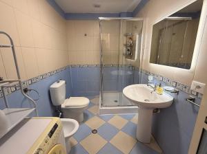 a bathroom with a shower and a toilet and a sink at Bogdani Apartment in Golem +5 photos