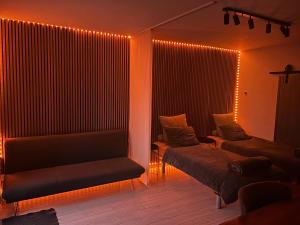 a room with two beds and a couch and lights at APARTMENT GAL in Novo Mesto