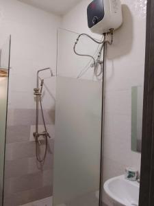 a bathroom with a shower and a toilet and a sink at Lynstel Apartment & Suites in Abuja +68 photos