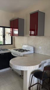 a kitchen with a stove and a counter top at Comfortable 1BR Apartment 10 Min from Malecón in La Paz