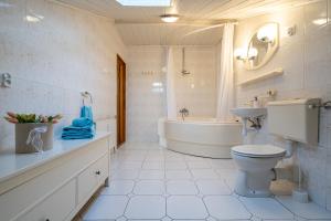 a bathroom with a toilet and a tub and a sink at Dom Czajka nad Jeziorem Wigry in Stary Folwark +53 photos