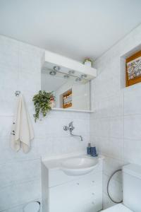 a white bathroom with a sink and a toilet at Chalupa na Samote in Terchová