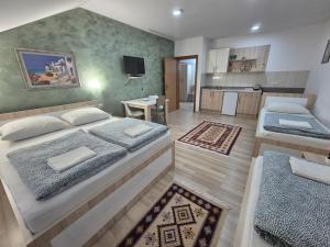 a large room with two beds and a kitchen at Apartments City Paradise in Mostar