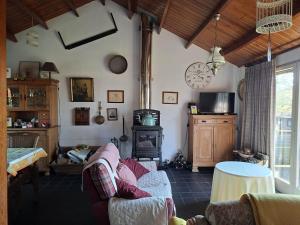 a living room with a couch and a wood stove at Vakantiehuis Malaika in Rendeux
