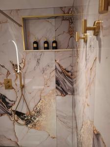 a bathroom with a glass shower with wine bottles at Dromen op de Veluwe in Putten +25 photos