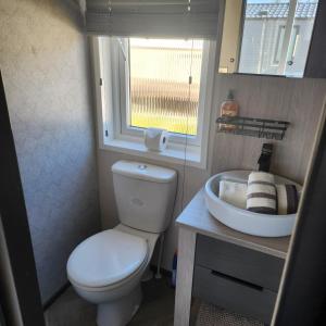 a small bathroom with a toilet and a sink at 10 Sunset view in Scunthorpe