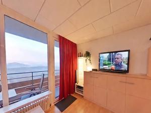 a living room with a tv and a large window at Appartement Peter in Freyung im Bayerischen Wald in Freyung