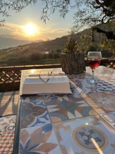 a table with a book and a glass of wine at la Tana di Luna in Adrano