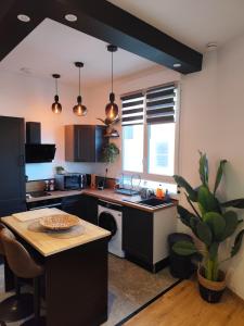 a kitchen with black cabinets and a table with a plant at Jardin De La Sagesse in Sotteville-lès-Rouen +20 photos