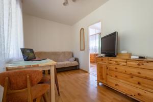a living room with a television and a wooden dresser at Domek w Puszczy in Wiartel