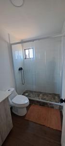 a bathroom with a toilet and a glass shower at CABAÑA CON TINAJa in Guanaqueros +6 photos