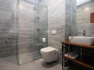 a bathroom with a shower and a toilet and a sink at Vila Alexandra in Sarajevo +61 photos