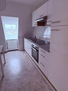 a kitchen with white cabinets and a sink and a window at Apartment DümmerSee in Hüde