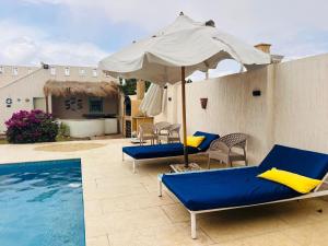 a patio with chairs and an umbrella next to a pool at شاليه الفهدي in Sphinx International Airport