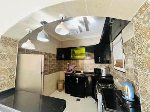 a kitchen with black cabinets and a white refrigerator at شاليه الفهدي in Sphinx International Airport