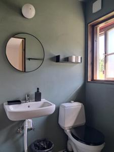 a bathroom with a sink and a toilet and a mirror at Furudals Bruk in Furudals Bruk +41 photos