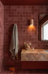 a red tiled bathroom with a sink and a mirror at Bon Bon Apt 2 - Rosa in Orange