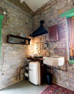 uma cozinha em pedra com um lavatório e um frigorífico em La Limonaia em San Venanzo