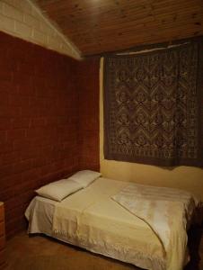 a bedroom with a bed with a rug on the wall at Luz da Serra Hospedagens in Santana do Riacho
