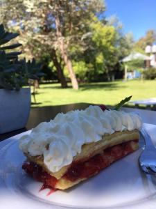 a piece of cake with whipped cream on a white plate at La Posada del Sol in Torres