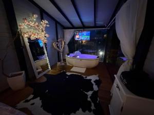 a bathroom with a tub and a large mirror at Cabana Recanto Dona Ilza in Biguaçu +15 photos