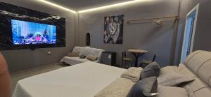 a bedroom with a bed and a couch and a tv at Girassol & Estética in Macapá