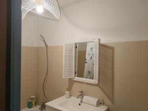 a bathroom with a sink and a mirror and a shower at Le Ptit Balu, Appartement en ville, proche de Bordeaux in Bègles +9 photos