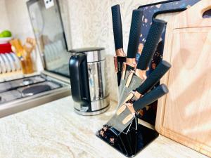 a kitchen counter with a knife holder on a counter top at Nuru House Stone Town Ensuite 3BR Apartment in Zanzibar City