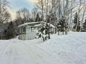 a house is covered in snow in the snow at Le Chouette Chalet in La Malbaie
