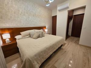 a bedroom with a bed with two pillows on it at Brisamar La Paz- Terraza Vista al Mar - Cerca del Malecon in La Paz +30 photos