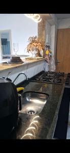 a kitchen counter with a sink and a stove at Pousada Brasil Tropical in Bezerros
