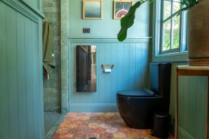 a bathroom with a black toilet and a mirror at Vihara - Stunning, Private apartment with private pool in Mullumbimby