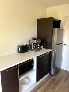 a kitchen with a counter with a microwave and a refrigerator at Mapua Village Modern Studio in Mapua