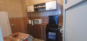 a small kitchen with a stove and a microwave at Apartament City Center Dorna in Vatra Dornei