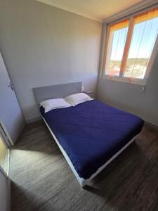 a bedroom with a blue bed in a room with two windows at Le Bel Air - Decize in Decize +10 photos