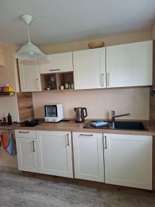 a kitchen with white cabinets and a sink and a microwave at Ellens Farm in Kolkwitz