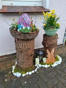 two tree stump planters with flowers in them at Ellens Farm in Kolkwitz