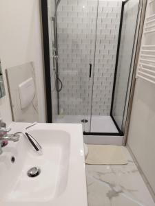 a white bathroom with a shower and a sink at Studio de Marie in Bordeaux-Saint-Clair