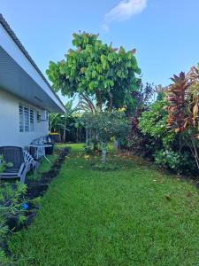 a yard with a tree next to a house at Maison Tahiti in Paea