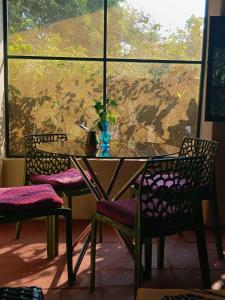 a table with two chairs and a vase with a plant at Shantidarshan Homestay in  Amboli 