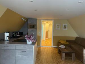 a kitchen and living room with a couch and a table at Heinrich Heine in Tangermünde
