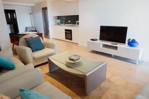 a living room with a couch and a tv at Apartamento Saiáns in Oya