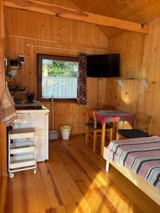 a room with a kitchen and a bed and a table at U Franka in Jastarnia