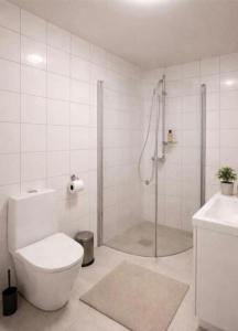 a bathroom with a shower and a toilet and a sink at Apartment 3 Sea Centrum Stavanger in Stavanger