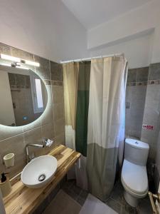 a bathroom with a toilet and a sink and a mirror at Dina Apartment in Ágios Rókkos
