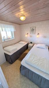 a bedroom with two beds and a wooden ceiling at Glad hund in Dalskog