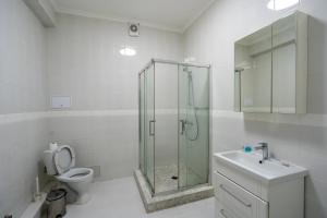 a bathroom with a shower and a toilet and a sink at DeLuxe PLAZA in Almaty