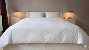 a white bed with white sheets and two lamps at Cocon de Charme - T2 sur Place d'Armes in Valenciennes
