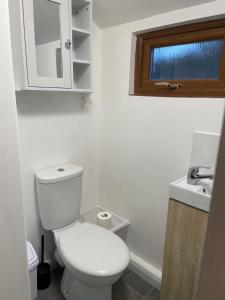a white bathroom with a toilet and a sink at The Orchard Cabin in Cardington +13 photos